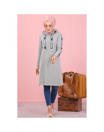 Sweatshirt long avec capuche style moderne décontracté et sport (Vetement voyage femme musulmane) - Couleur Gris 