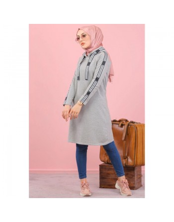 Sweatshirt long avec capuche style moderne décontracté et sport (Vetement voyage femme musulmane) - Couleur Gris 