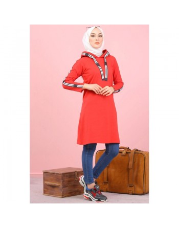Sweatshirt long avec capuche style moderne décontracté et sport (Vetement voyage femme musulmane) - Couleur Rouge 