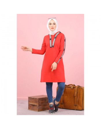 Sweatshirt long avec capuche style moderne décontracté et sport (Vetement voyage femme musulmane) - Couleur Rouge 