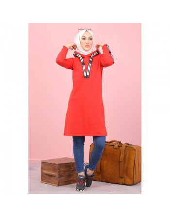Sweatshirt long avec capuche style moderne décontracté et sport (Vetement voyage femme musulmane) - Couleur Rouge 