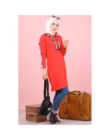 Sweatshirt long avec capuche style moderne décontracté et sport (Vetement voyage femme musulmane) - Couleur Rouge 