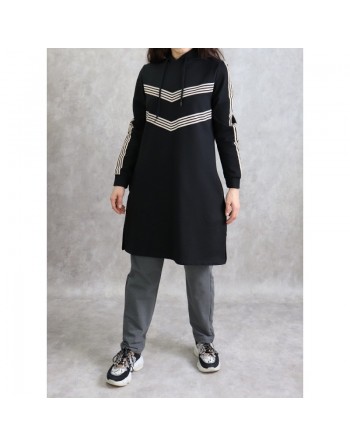 Sweat Shirt mi-long à capuche pour femme - Couleur Noir 