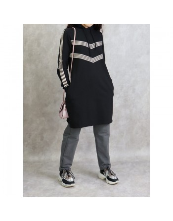 Sweat Shirt mi-long à capuche pour femme - Couleur Noir 