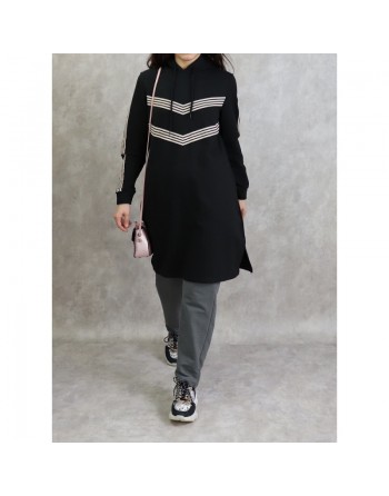 Sweat Shirt mi-long à capuche pour femme - Couleur Noir 