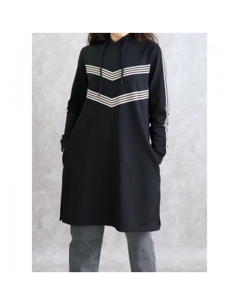 Sweat Shirt mi-long à capuche pour femme - Couleur Noir 