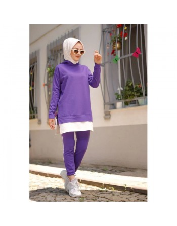 Ensemble-Survêtement deux pièces (Tenue moderne pour femme voilée) - Couleur violet clair et blanc 