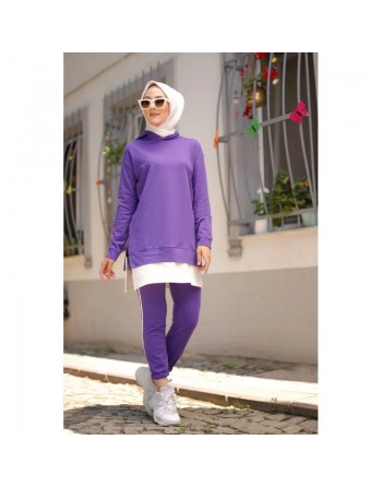Ensemble-Survêtement deux pièces (Tenue moderne pour femme voilée) - Couleur violet clair et blanc 