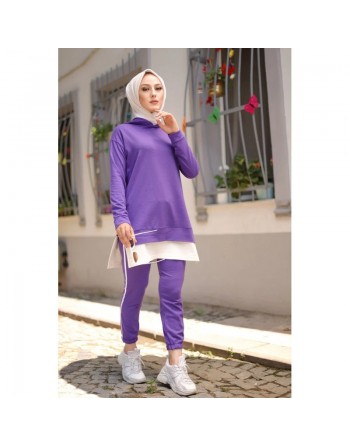 Ensemble-Survêtement deux pièces (Tenue moderne pour femme voilée) - Couleur violet clair et blanc 