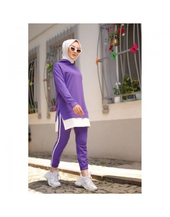 Ensemble-Survêtement deux pièces (Tenue moderne pour femme voilée) - Couleur violet clair et blanc 