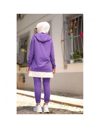 Ensemble-Survêtement deux pièces (Tenue moderne pour femme voilée) - Couleur violet clair et blanc 