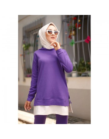 Ensemble-Survêtement deux pièces (Tenue moderne pour femme voilée) - Couleur violet clair et blanc 