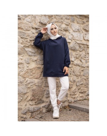 Sweat ample avec capuche imprimé au dos (Vêtement femme pour hijab) - Couleur bleu marine 