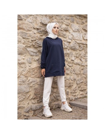 Sweat ample avec capuche imprimé au dos (Vêtement femme pour hijab) - Couleur bleu marine 
