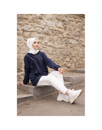 Sweat ample avec capuche imprimé au dos (Vêtement femme pour hijab) - Couleur bleu marine 