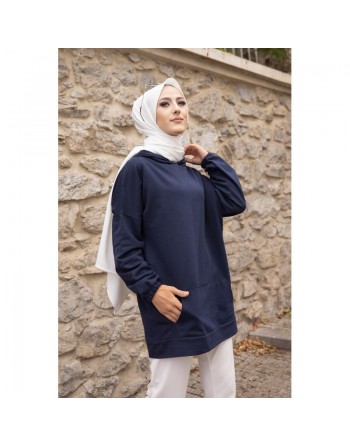 Sweat ample avec capuche imprimé au dos (Vêtement femme pour hijab) - Couleur bleu marine 
