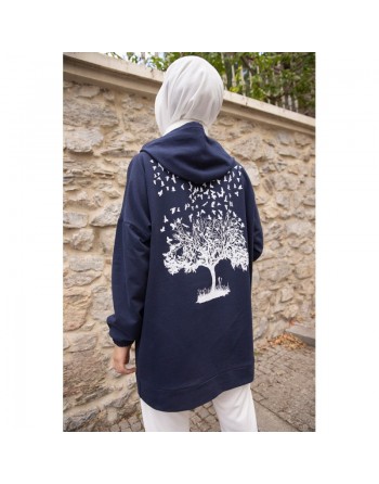 Sweat ample avec capuche imprimé au dos (Vêtement femme pour hijab) - Couleur bleu marine 