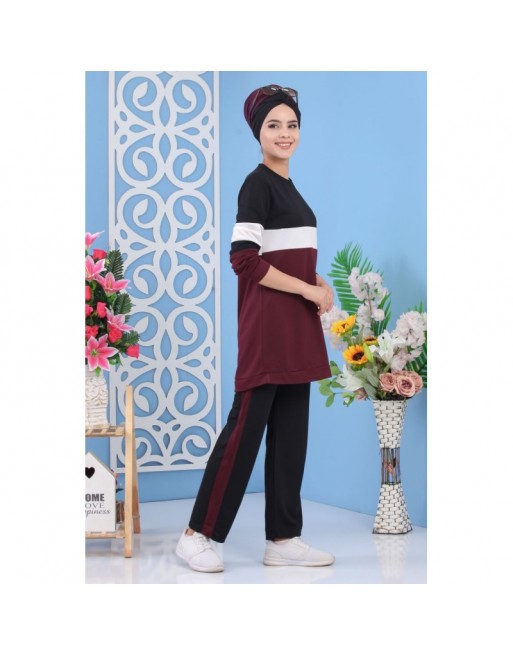Ensemble survêtement 2 pièces de couleur aubergine - Vêtement moderne et décontracté et sport pour femme 