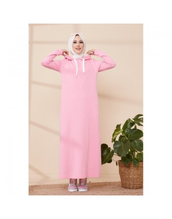 Robe avec capuche style moderne et sport (Vêtement adapté pour femme voilée) - Couleur vert émeraude rose clair 