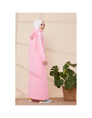 Robe avec capuche style moderne et sport (Vêtement adapté pour femme voilée) - Couleur vert émeraude rose clair 