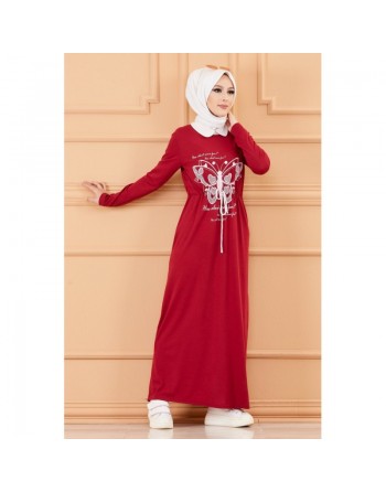 Robe décontractée imprimée pour femme (Mode Musulmane) - Couleur bordeaux 