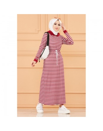 Robe à capuche et lien de serrage (Vêtement moderne pour femme voilée) - Couleur rayures bordeaux 