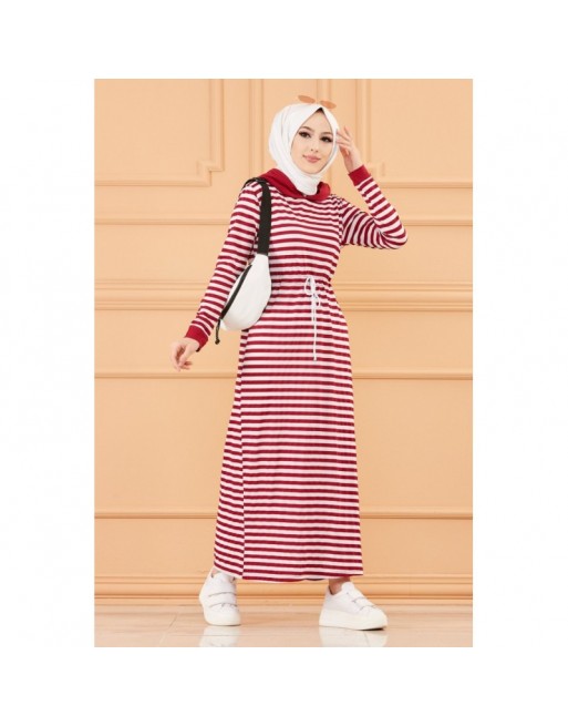 Robe à capuche et lien de serrage (Vêtement moderne pour femme voilée) - Couleur rayures bordeaux Robe à capuche et lien de serrage (Vêtement moderne pour femme voilée) - Couleur rayures bordeaux