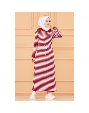 Robe à capuche et lien de serrage (Vêtement moderne pour femme voilée) - Couleur rayures bordeaux 