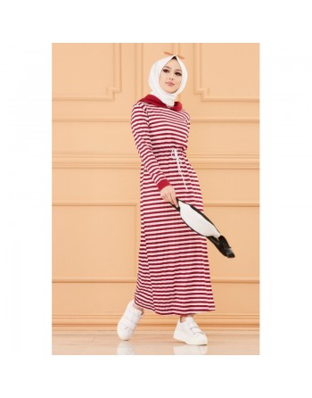 Robe à capuche et lien de serrage (Vêtement moderne pour femme voilée) - Couleur rayures bordeaux 
