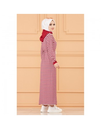 Robe à capuche et lien de serrage (Vêtement moderne pour femme voilée) - Couleur rayures bordeaux 