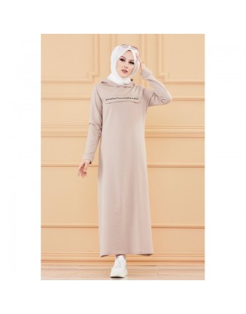 Robe longue style sweat avec capuche (Tenue pour musulmane sportive) - Couleur beige 