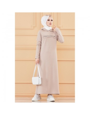 Robe longue style sweat avec capuche (Tenue pour musulmane sportive) - Couleur beige 