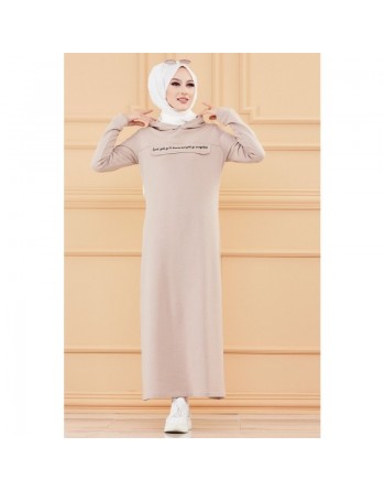 Robe longue style sweat avec capuche (Tenue pour musulmane sportive) - Couleur beige 