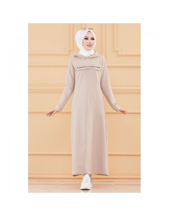Robe longue style sweat avec capuche (Tenue pour musulmane sportive) - Couleur beige 