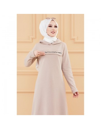 Robe longue style sweat avec capuche (Tenue pour musulmane sportive) - Couleur beige 