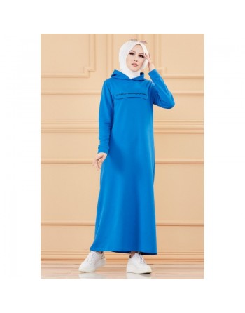 Robe longue style moderne avec capuche (Vetement hijab - Mode musulmane) - Couleur bleu 