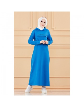 Robe longue style moderne avec capuche (Vetement hijab - Mode musulmane) - Couleur bleu 