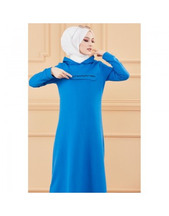 Robe longue style moderne avec capuche (Vetement hijab - Mode musulmane) - Couleur bleu 