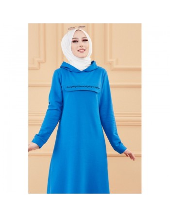 Robe longue style moderne avec capuche (Vetement hijab - Mode musulmane) - Couleur bleu 