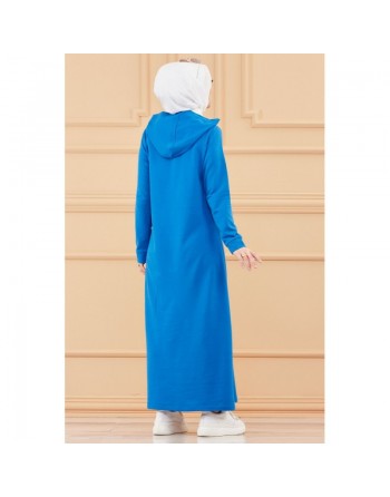 Robe longue style moderne avec capuche (Vetement hijab - Mode musulmane) - Couleur bleu 