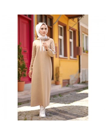 Robe longue décontractée type sport avec capuche (Vetement de sport moderne pour femme voilée) - Couleur beige 