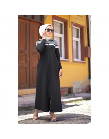 Robe longue à capuche fermeture éclair (Tenue mastour sportswear pour femme voilée) - Couleur Noir et Kaki clair 
