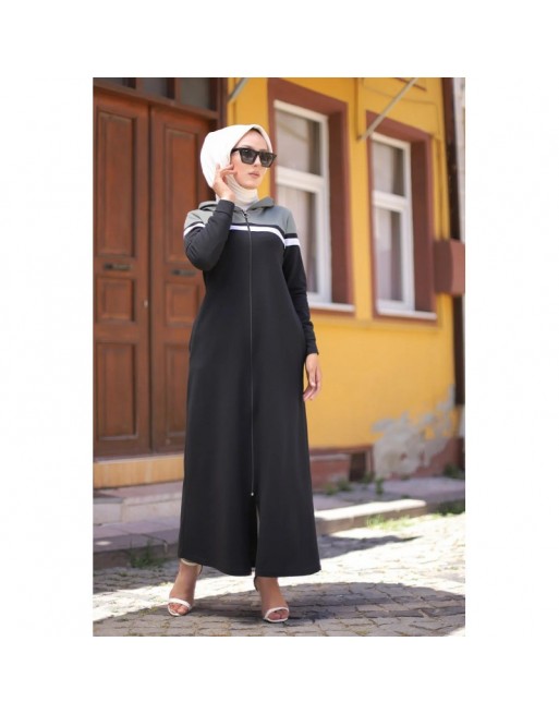 Robe longue à capuche fermeture éclair (Tenue mastour sportswear pour femme voilée) - Couleur Noir et Kaki clair Robe longue à capuche fermeture éclair (Tenue mastour sportswear pour femme voilée) - Couleur Noir et Kaki clair