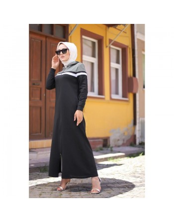 Robe longue à capuche fermeture éclair (Tenue mastour sportswear pour femme voilée) - Couleur Noir et Kaki clair 
