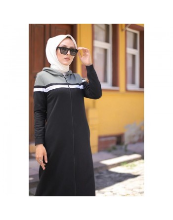 Robe longue à capuche fermeture éclair (Tenue mastour sportswear pour femme voilée) - Couleur Noir et Kaki clair 