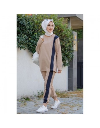 Survêtement femme deux pièce (sweat long et son pantalon assorti) - Couleur beige avec bande 