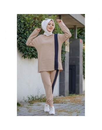 Survêtement femme deux pièce (sweat long et son pantalon assorti) - Couleur beige avec bande 