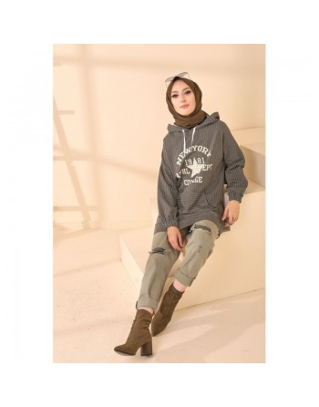 Sweat long pour femme - Tunique avec capuche - Couleur kaki 