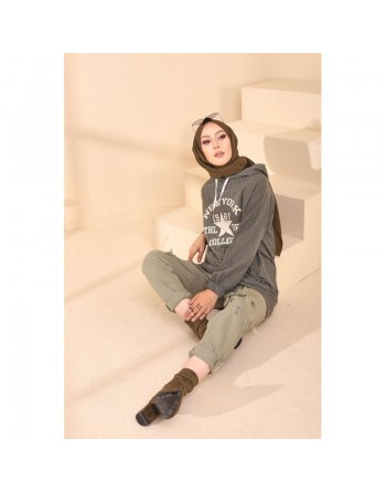 Sweat long pour femme - Tunique avec capuche - Couleur kaki 