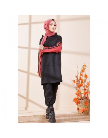Tunique bicolore avec capuche pour femme (Hijab moderne et style décontracté) - Couleur noir et vieux rose 